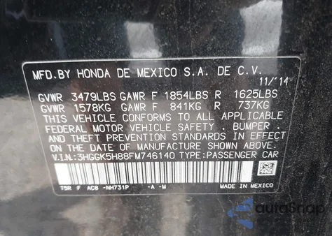 2015 Honda Fit Ex/Ex-L z USA, uszkodzony, nr VIN 3HGGK5H88FM746140